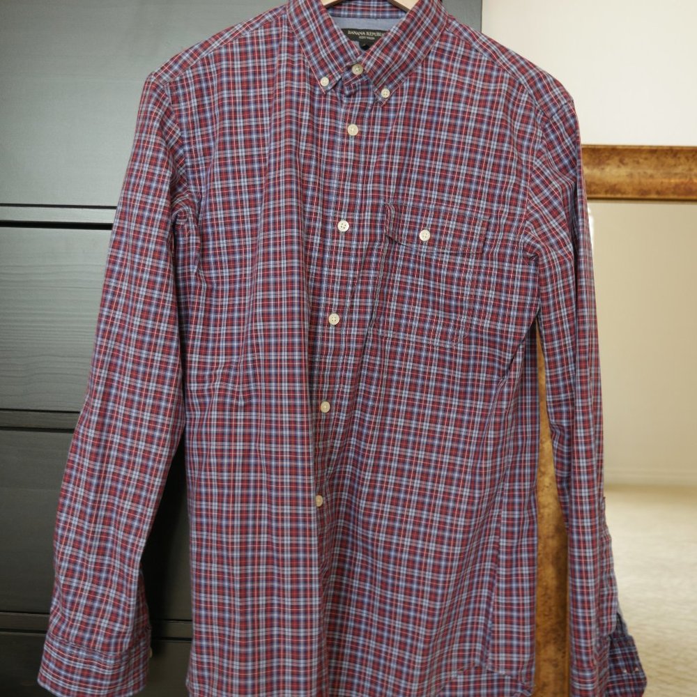 Banana Republic Navy + Burgundy Plaid Shirt